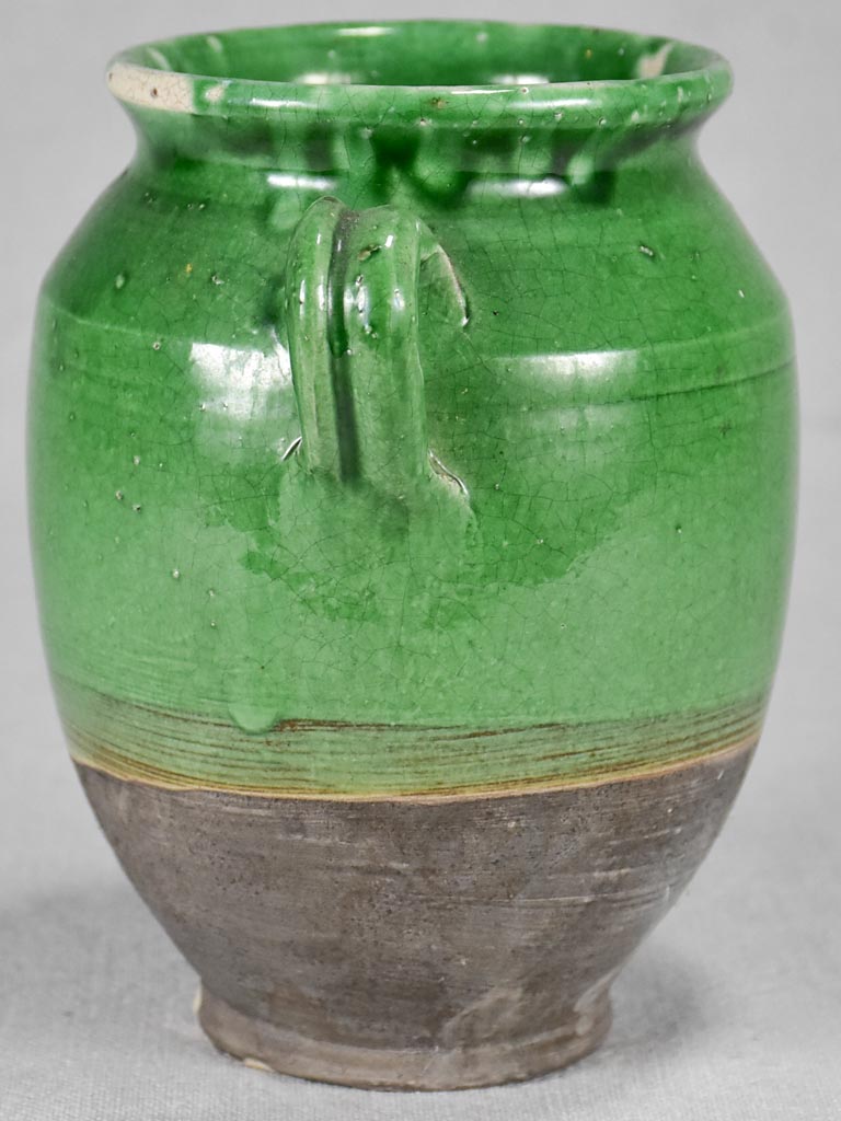 Small antique French confit pot with green glaze 7½"