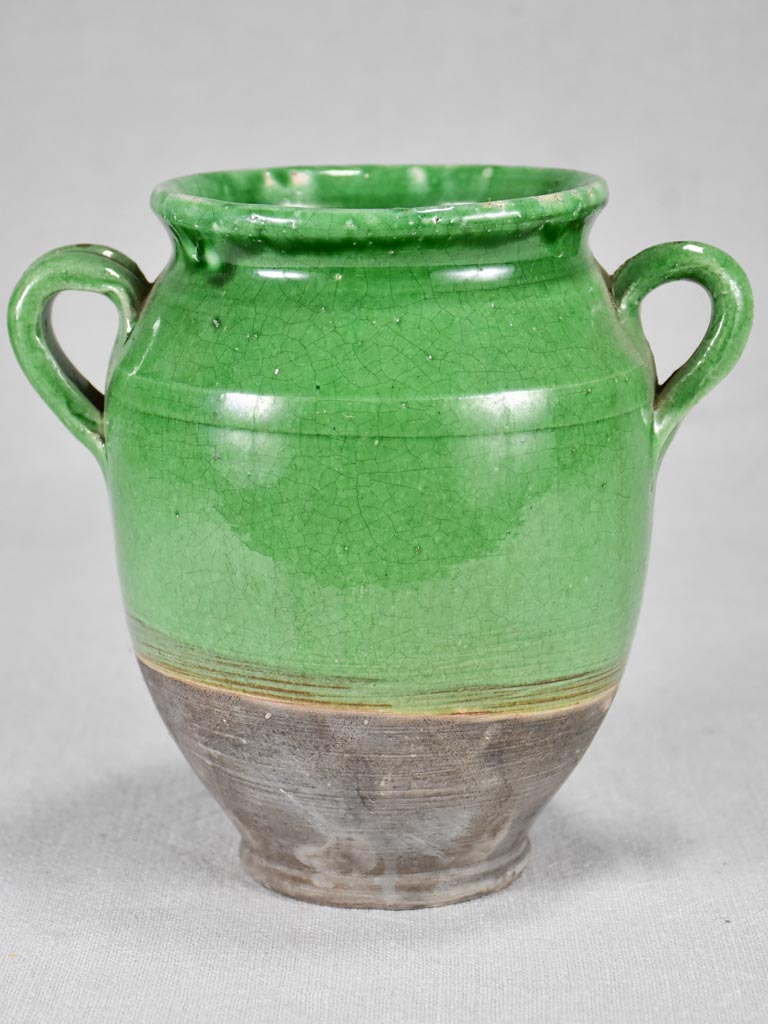 Small antique French confit pot with green glaze 7½"