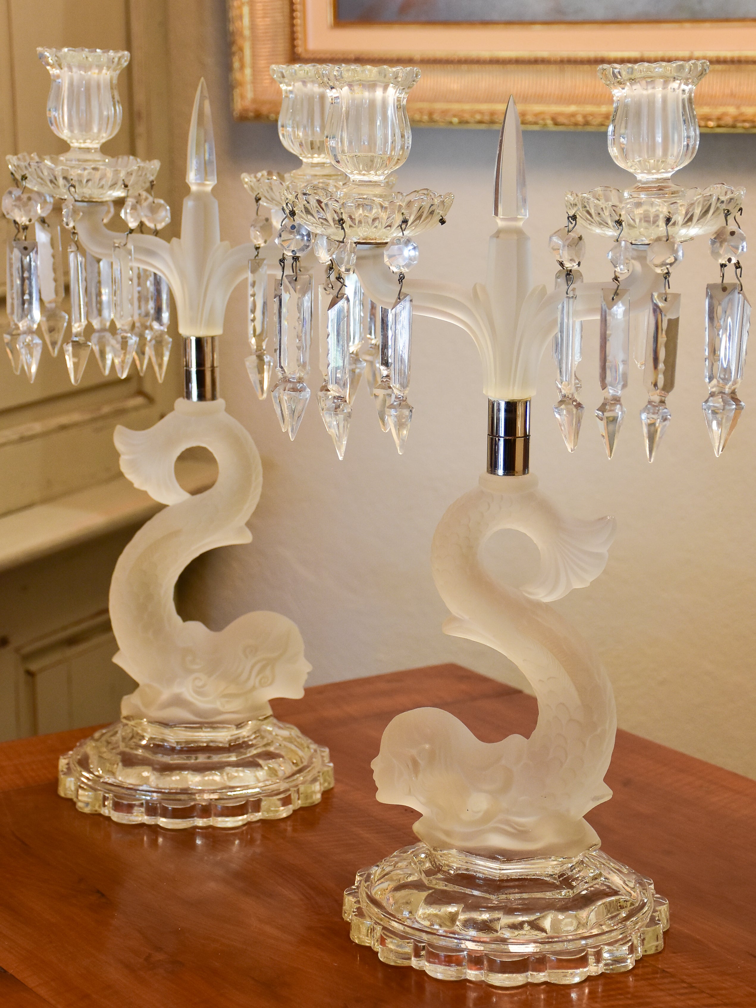 Pair of late 19th century crystal candlesticks attributed to Lalique