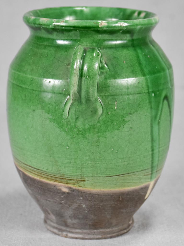 Small antique French confit pot with green glaze 7½"