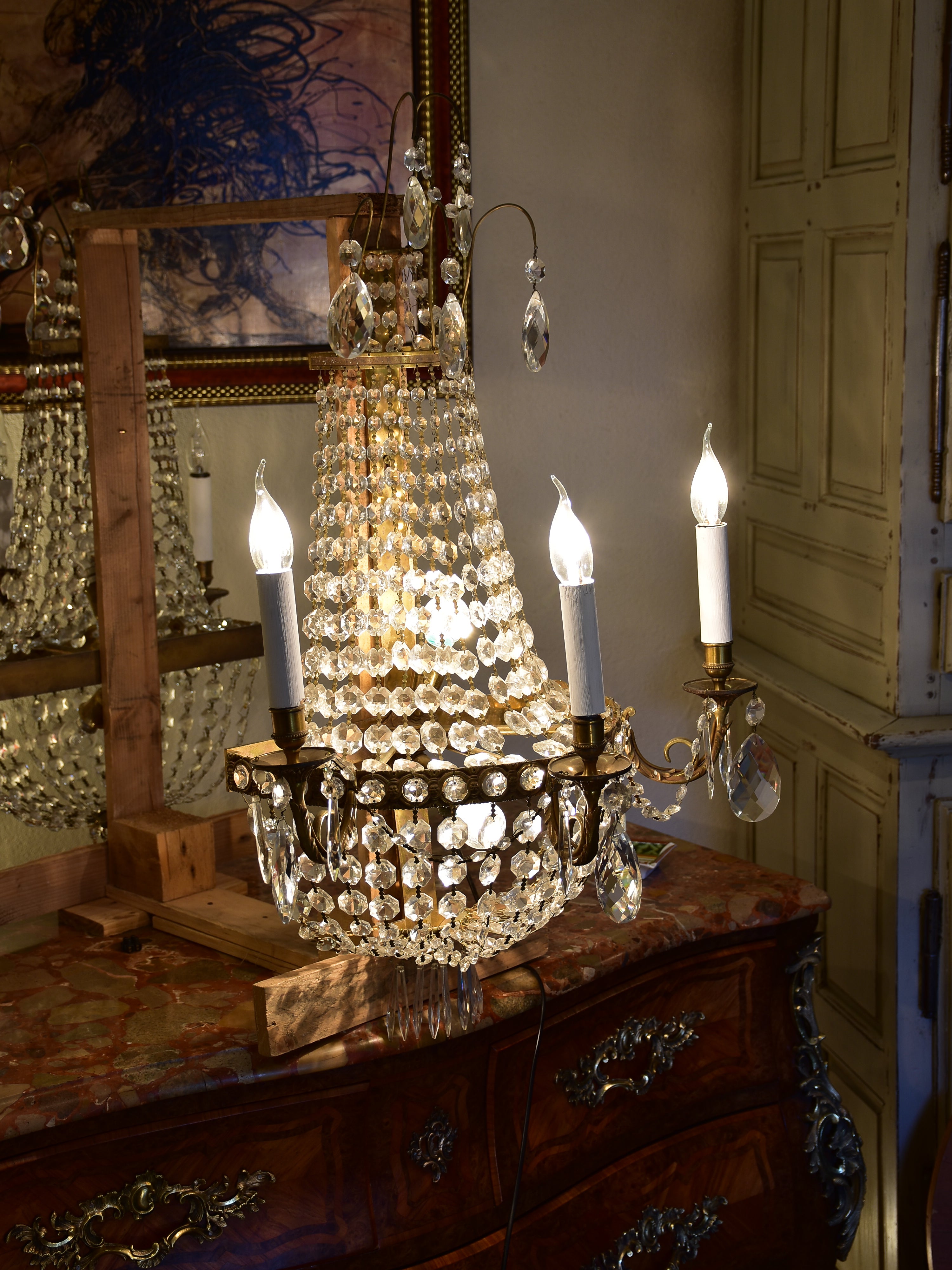 Pair of antique French crystal wall sconces - large