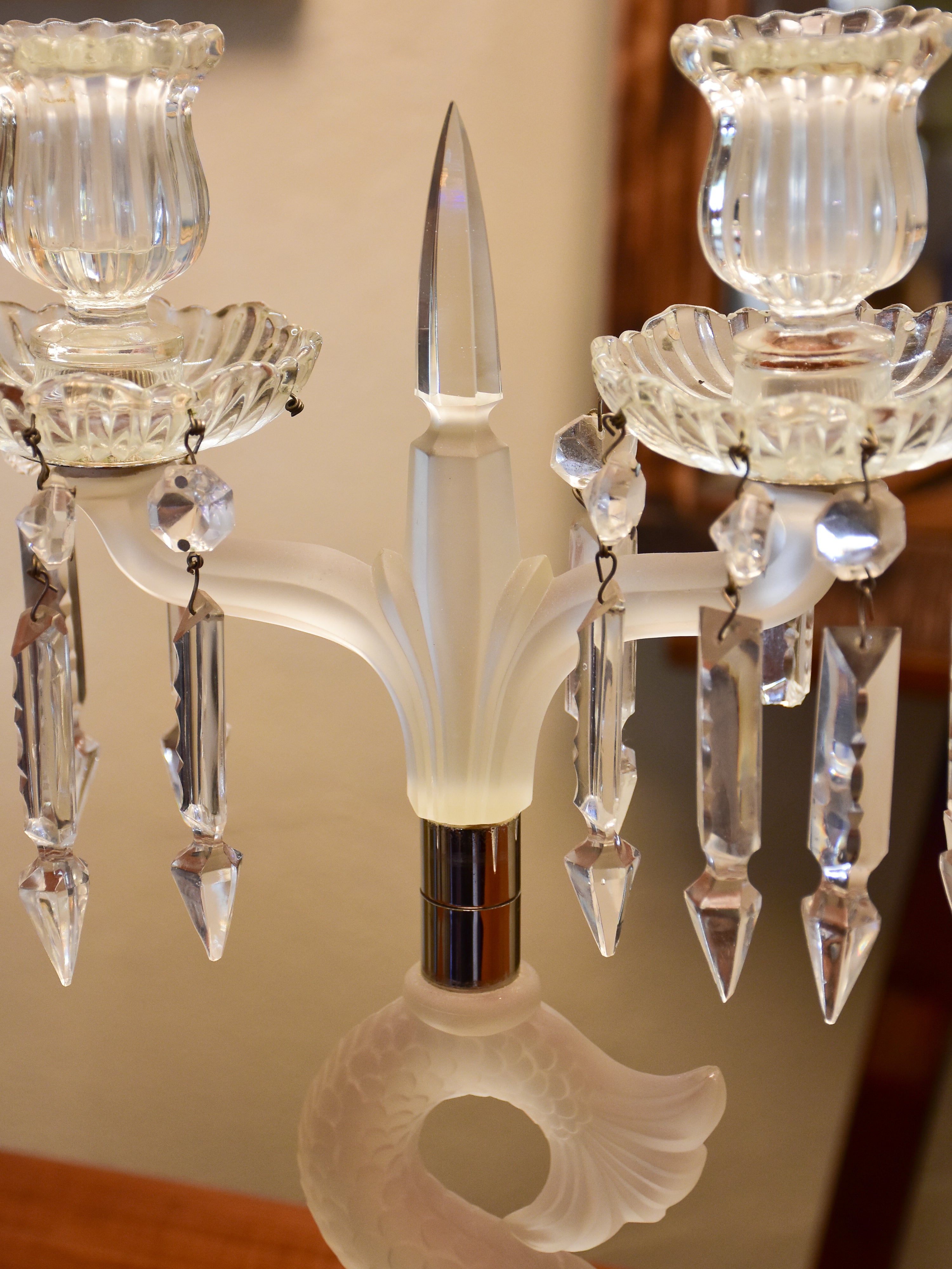 Pair of late 19th century crystal candlesticks attributed to Lalique