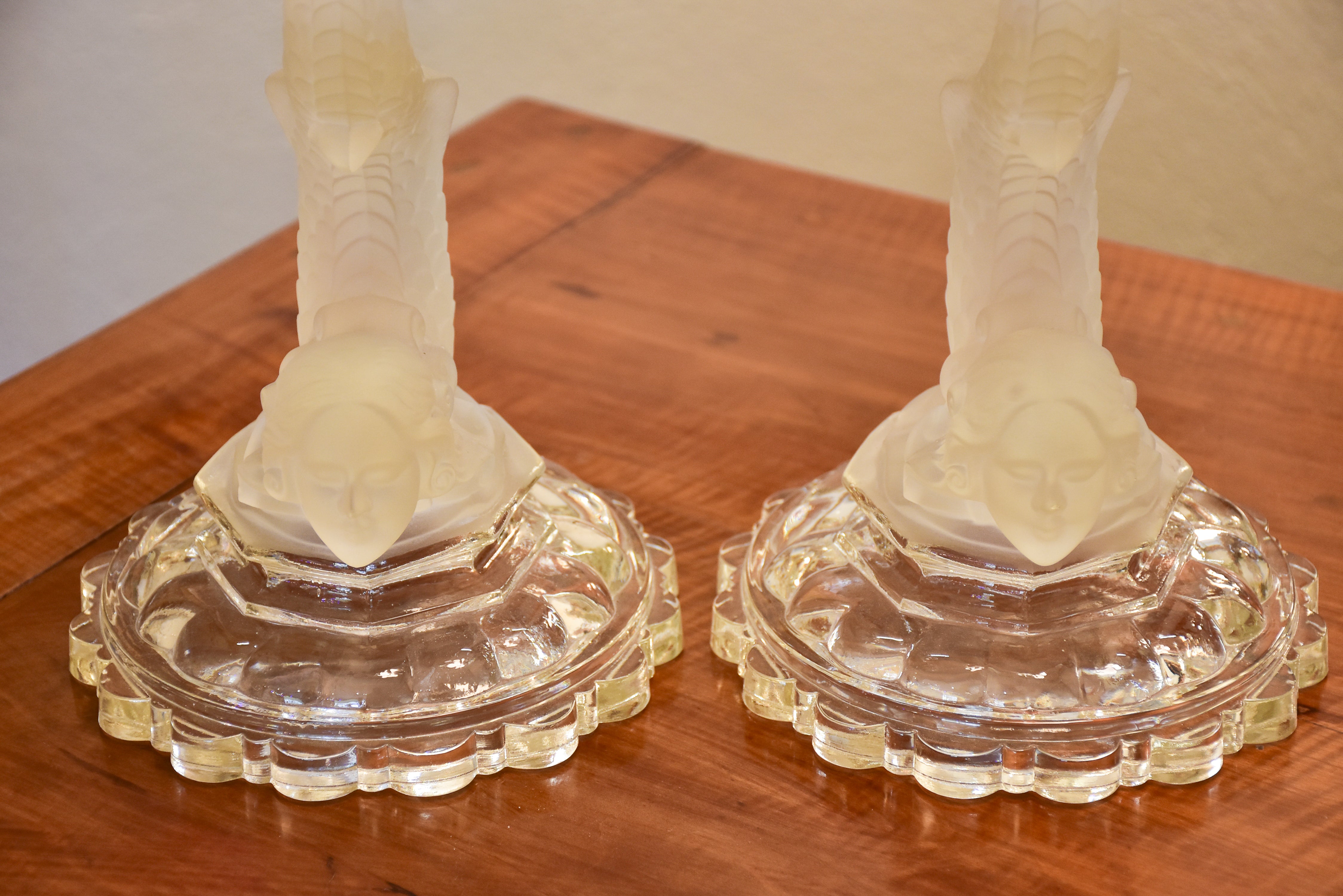 Pair of late 19th century crystal candlesticks attributed to Lalique