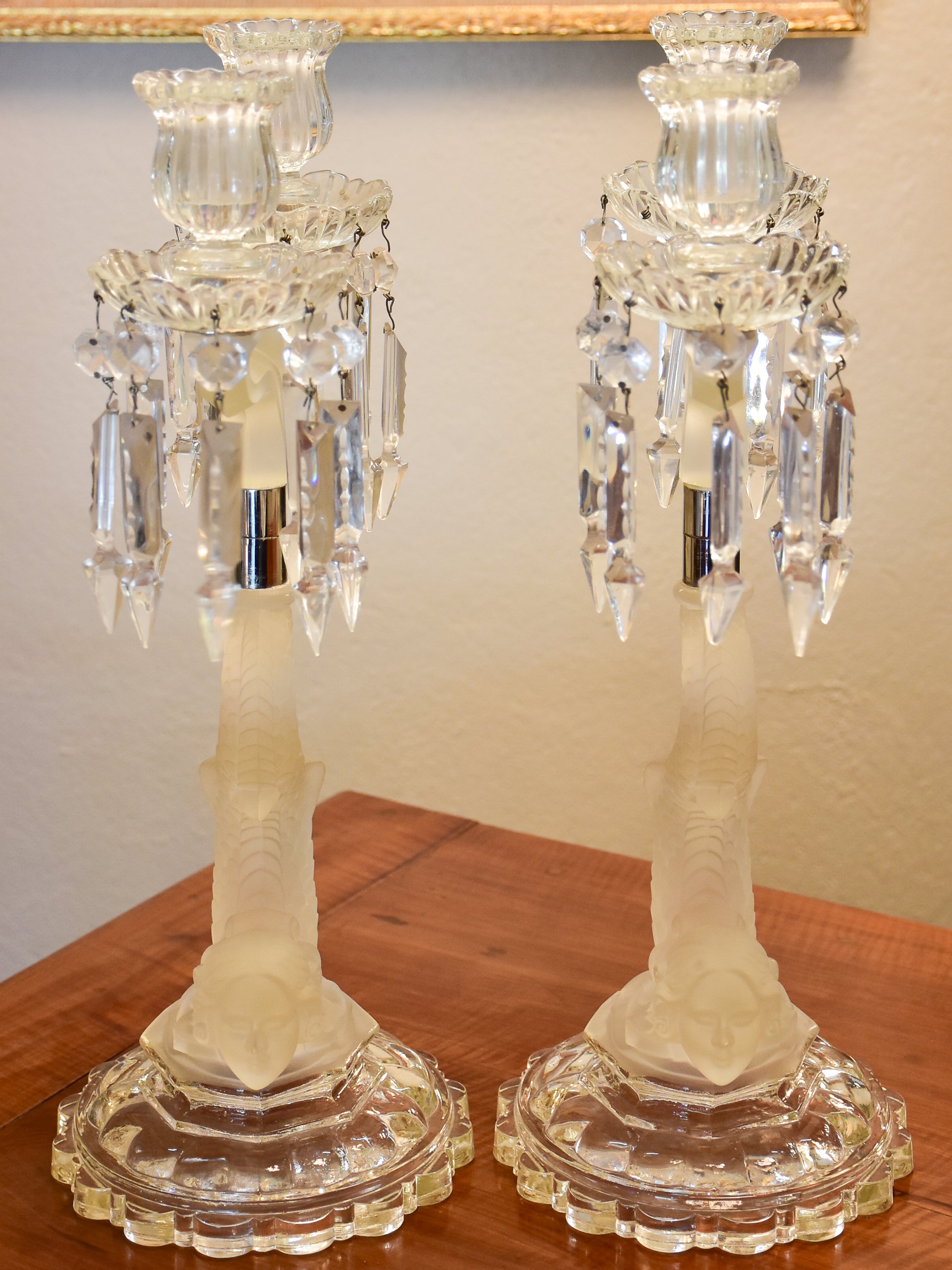 Pair of late 19th century crystal candlesticks attributed to Lalique