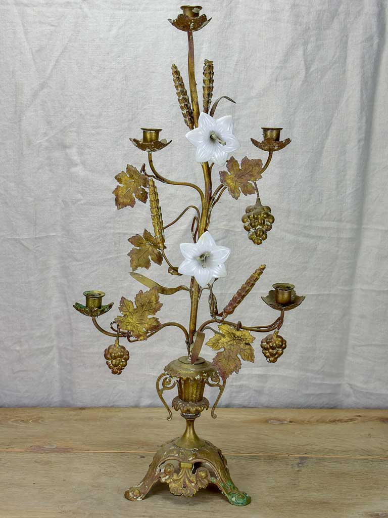 19th Century French church candelabra with flowers, foliage and wheat - bronze, brass and opaline glass 29¼"