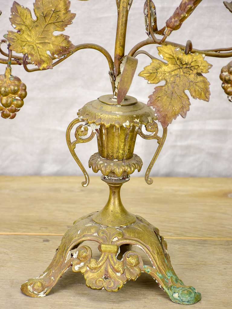 19th Century French church candelabra with flowers, foliage and wheat - bronze, brass and opaline glass 29¼"