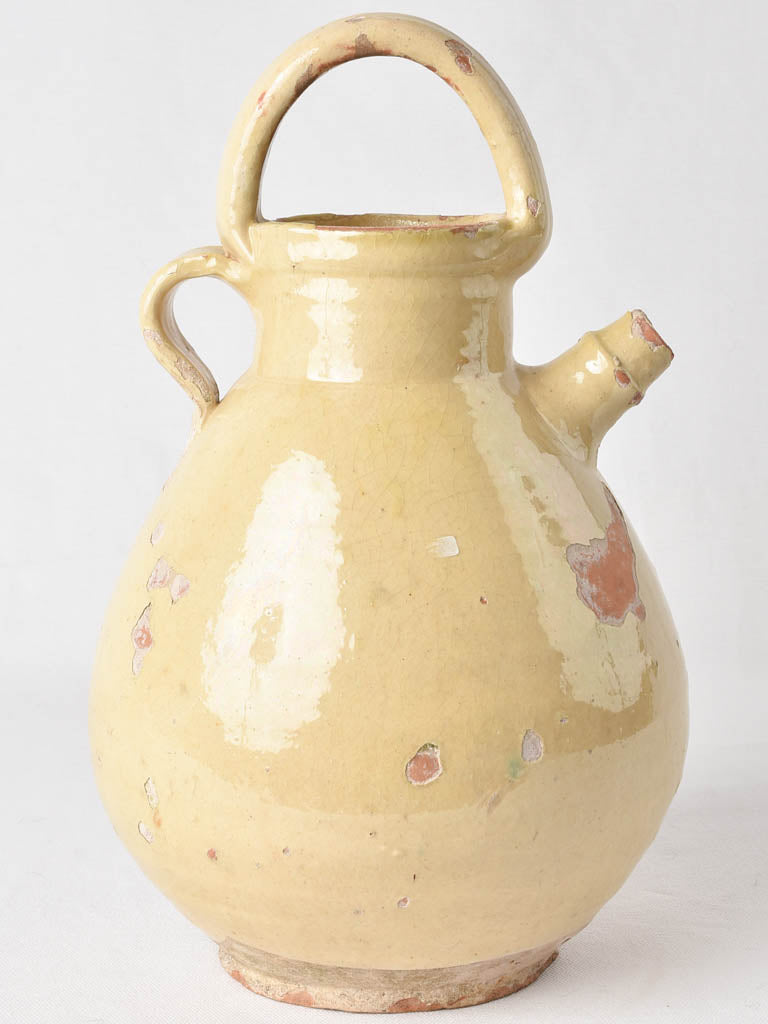 Large antique French ewer w/ pale yellow glaze 14½"