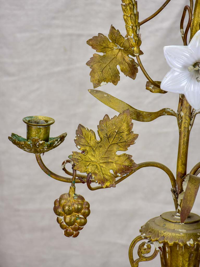 19th Century French church candelabra with flowers, foliage and wheat - bronze, brass and opaline glass 29¼"