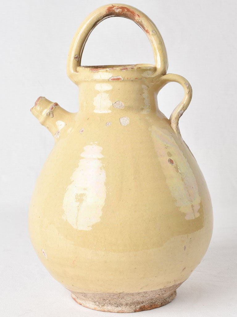 Large antique French ewer w/ pale yellow glaze 14½"