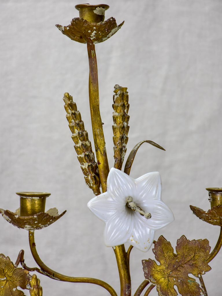 19th Century French church candelabra with flowers, foliage and wheat - bronze, brass and opaline glass 29¼"