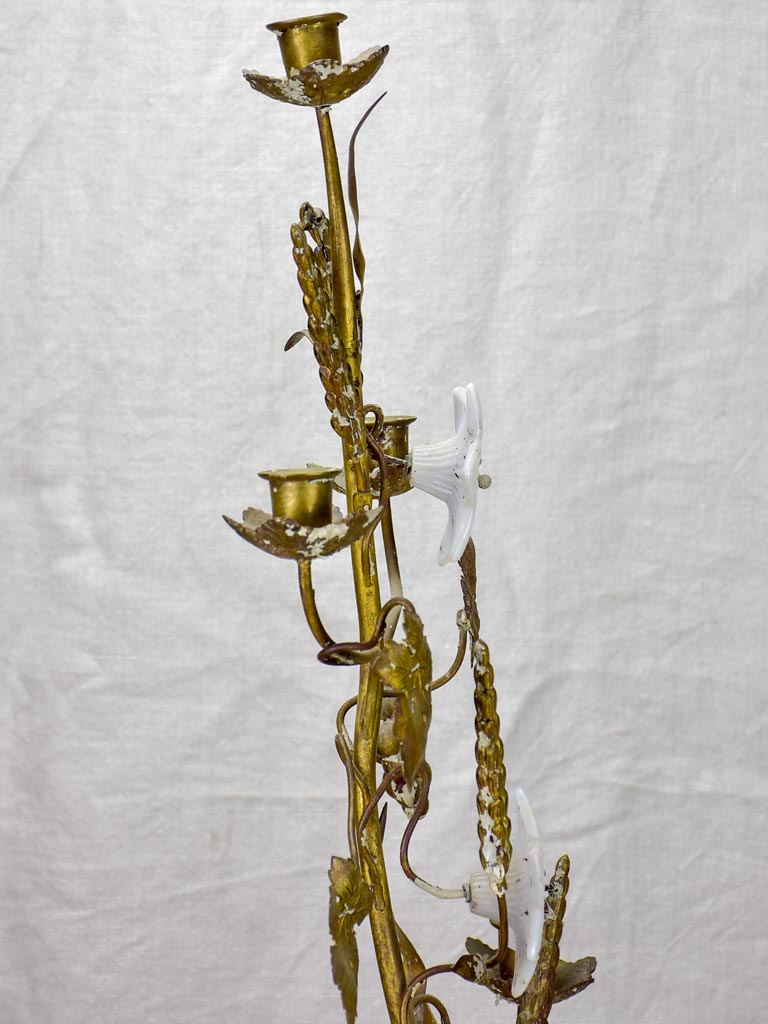 19th Century French church candelabra with flowers, foliage and wheat - bronze, brass and opaline glass 29¼"