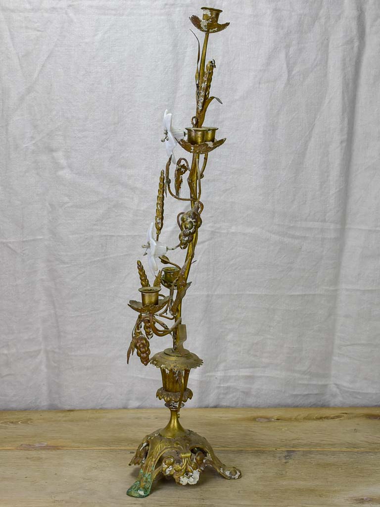 19th Century French church candelabra with flowers, foliage and wheat - bronze, brass and opaline glass 29¼"