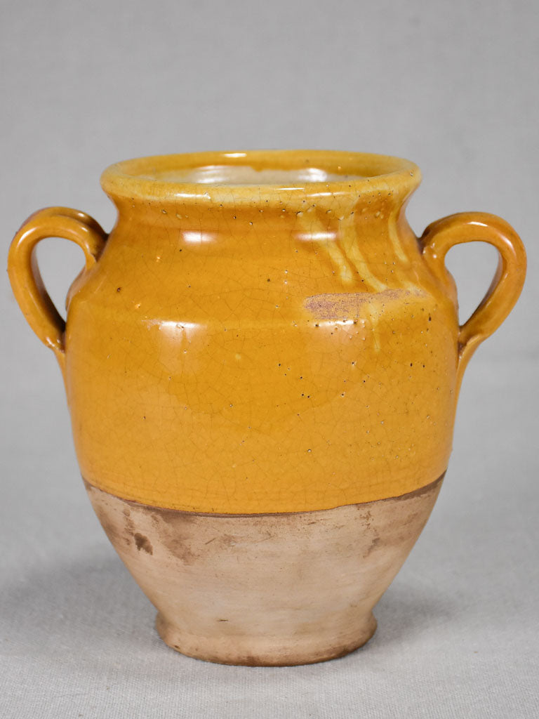 Small antique French confit pot with yellow glaze 7"