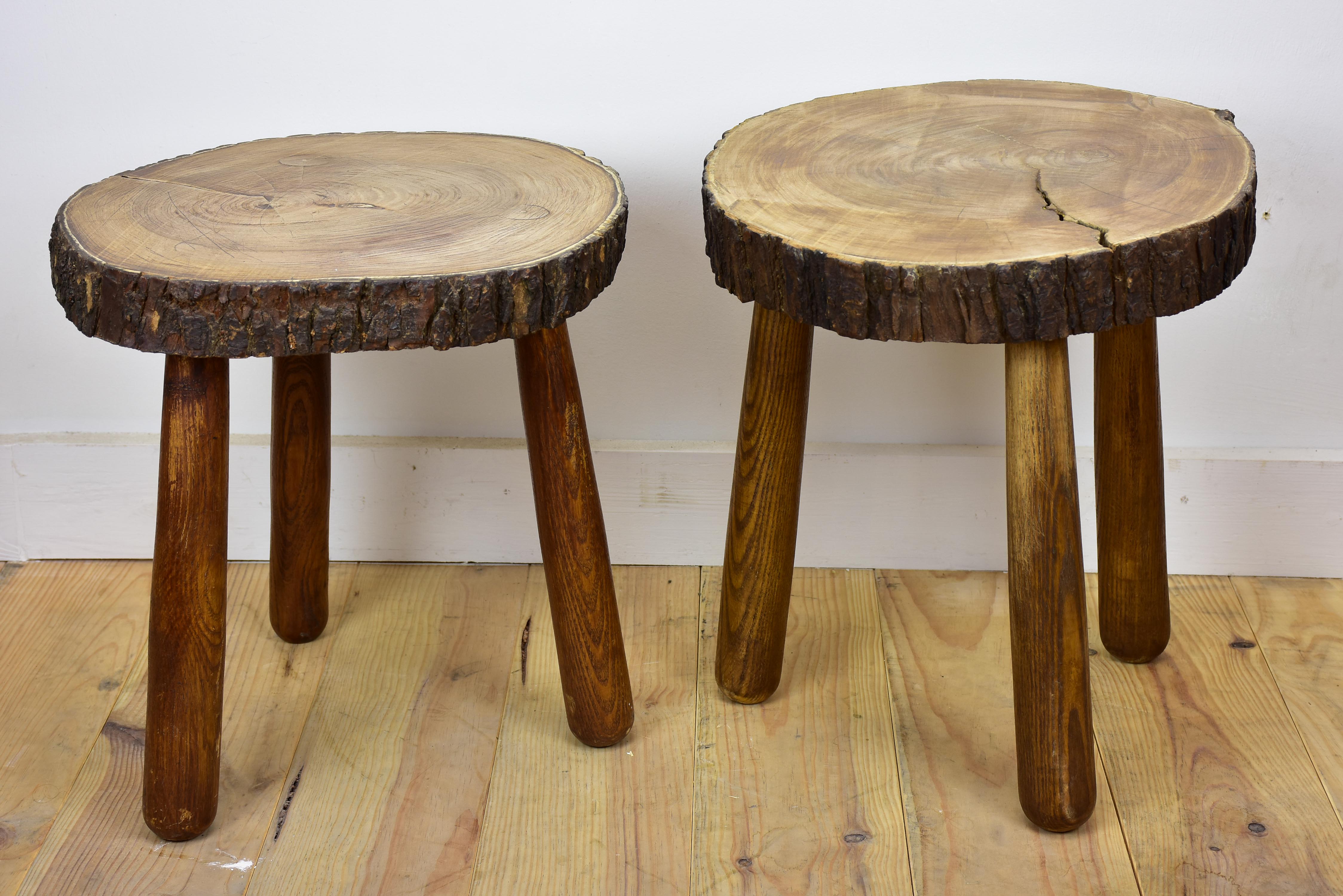 Two vintage French elmwood stools / side tables