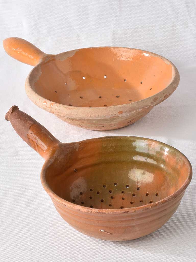 2 antique French terracotta strainers w/handles