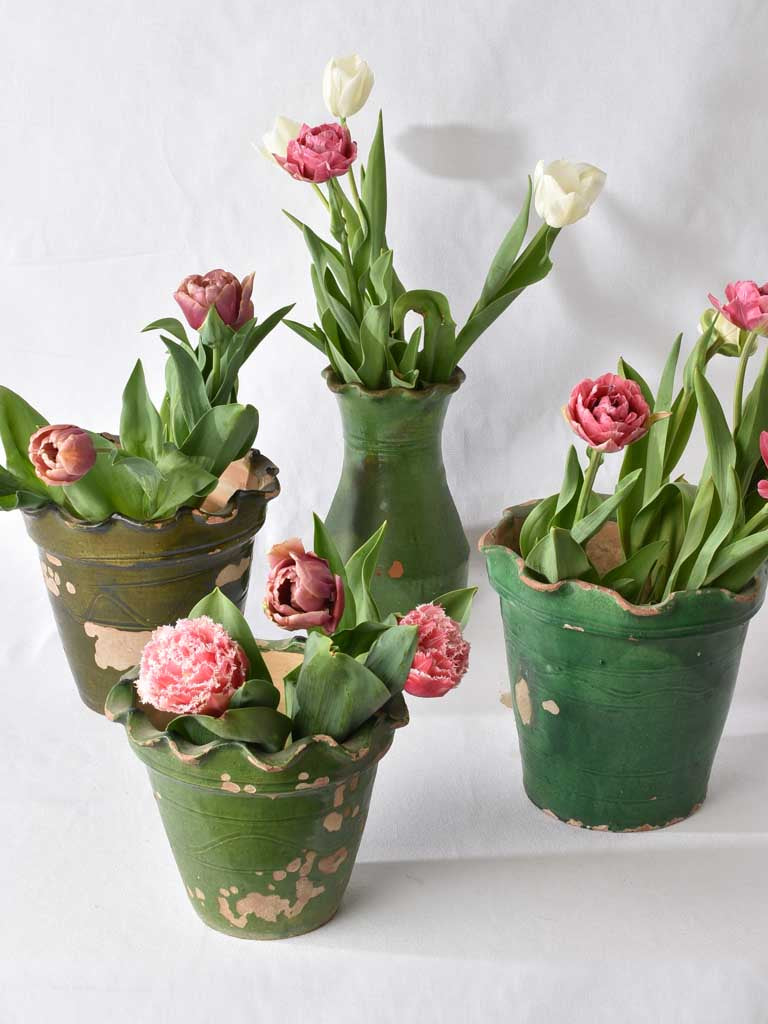 4 green Castelnaudary vases w/ rippled edge - 19th century 8"