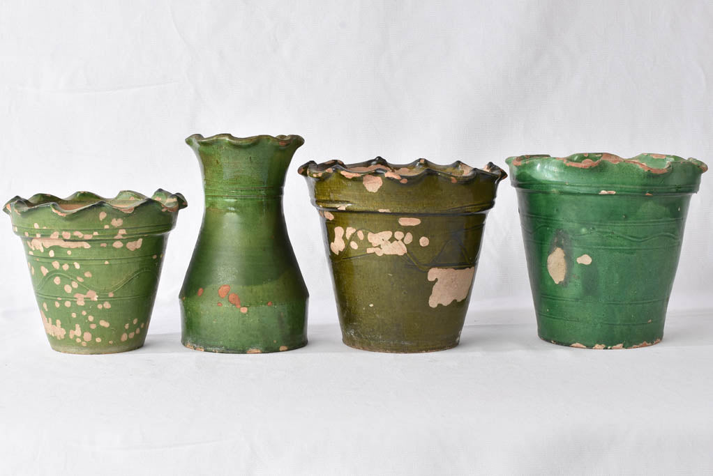 4 green Castelnaudary vases w/ rippled edge - 19th century 8"