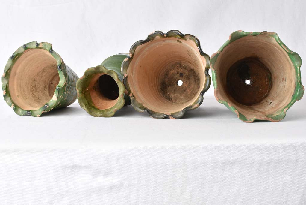 4 green Castelnaudary vases w/ rippled edge - 19th century 8"