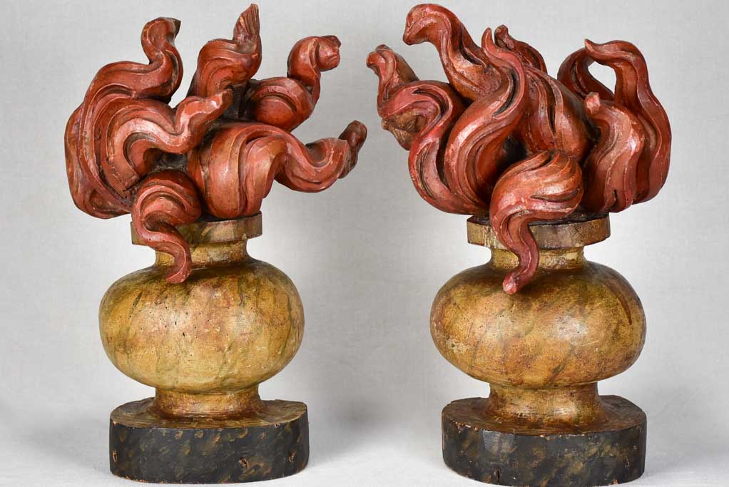 Pair of Louis XIV carved wood decorative flame elements 18"