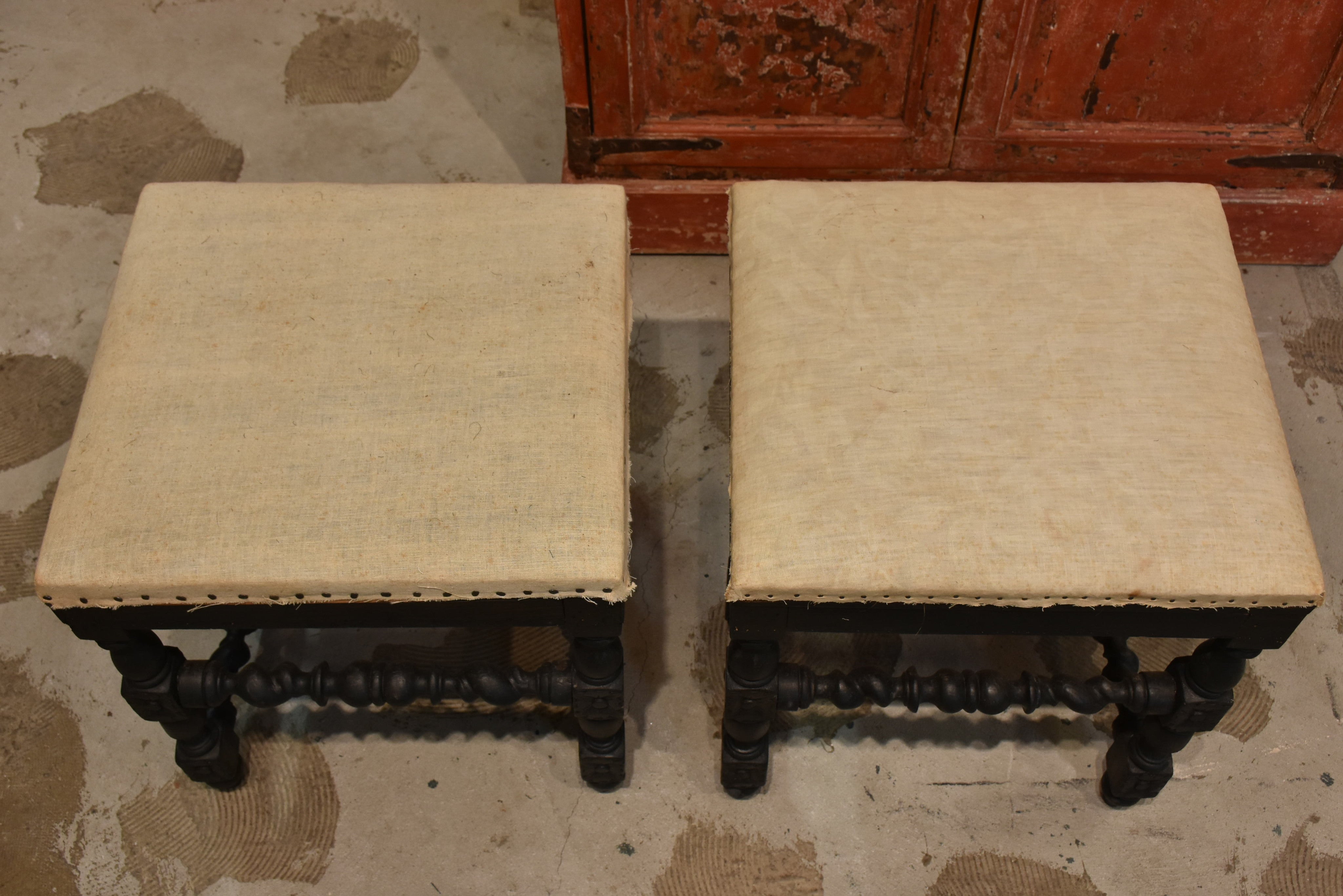 Pair of Louis XIII style stools with black patina