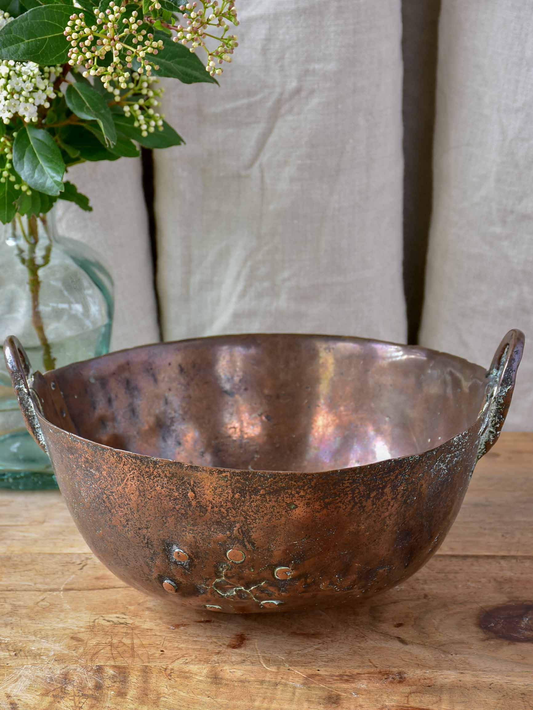 Antique copper praline bowl with iron handles