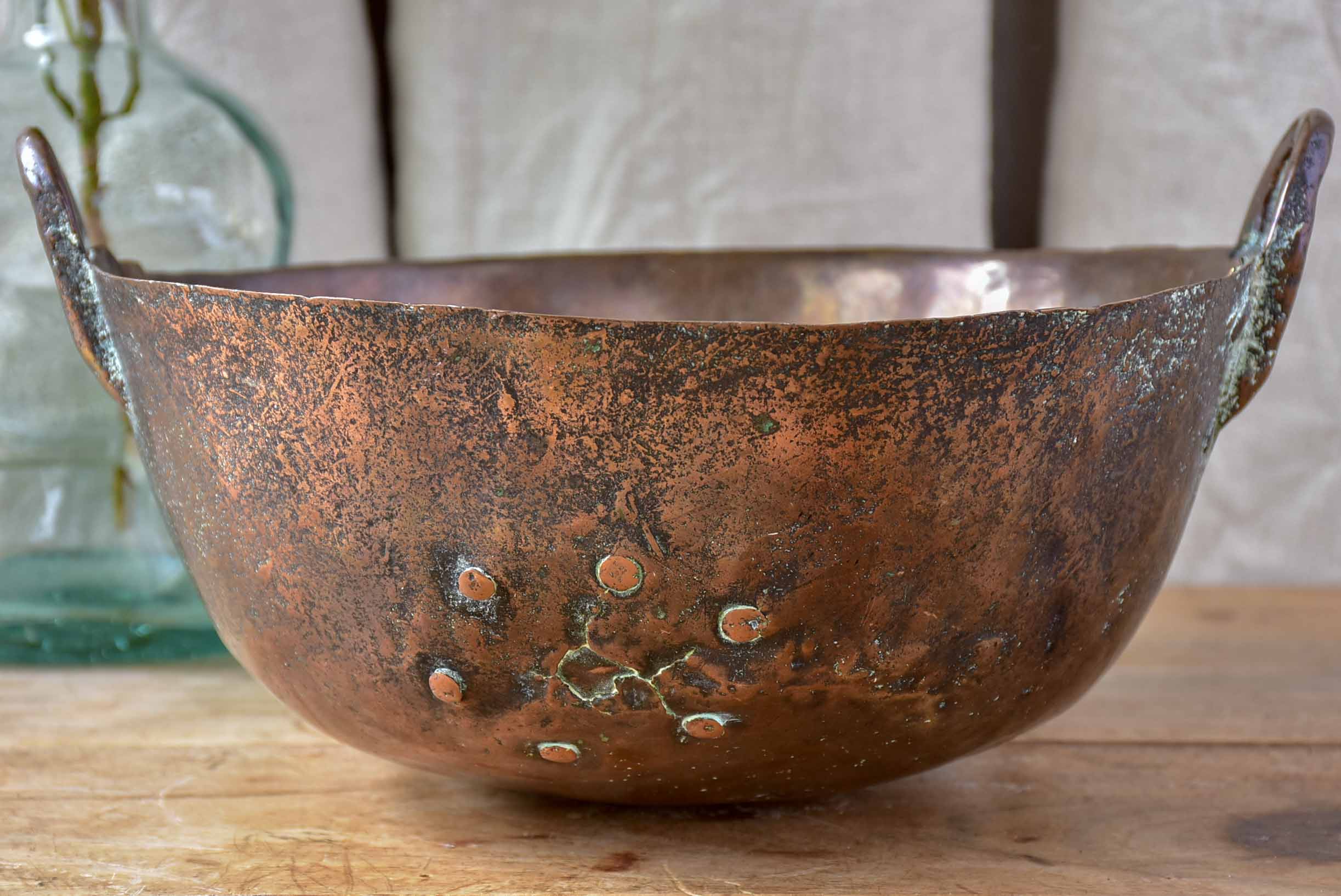 Antique copper praline bowl with iron handles