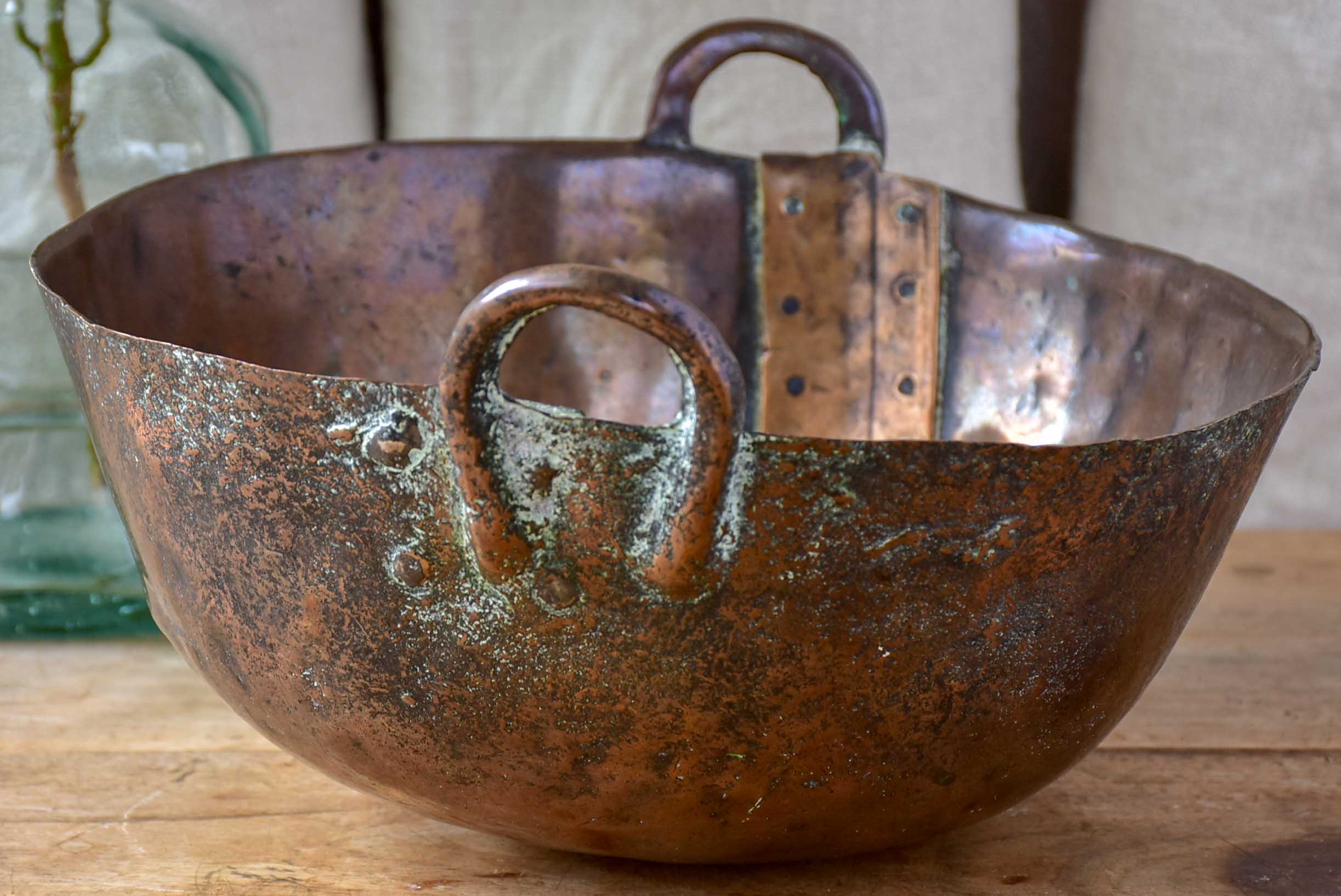 Antique copper praline bowl with iron handles