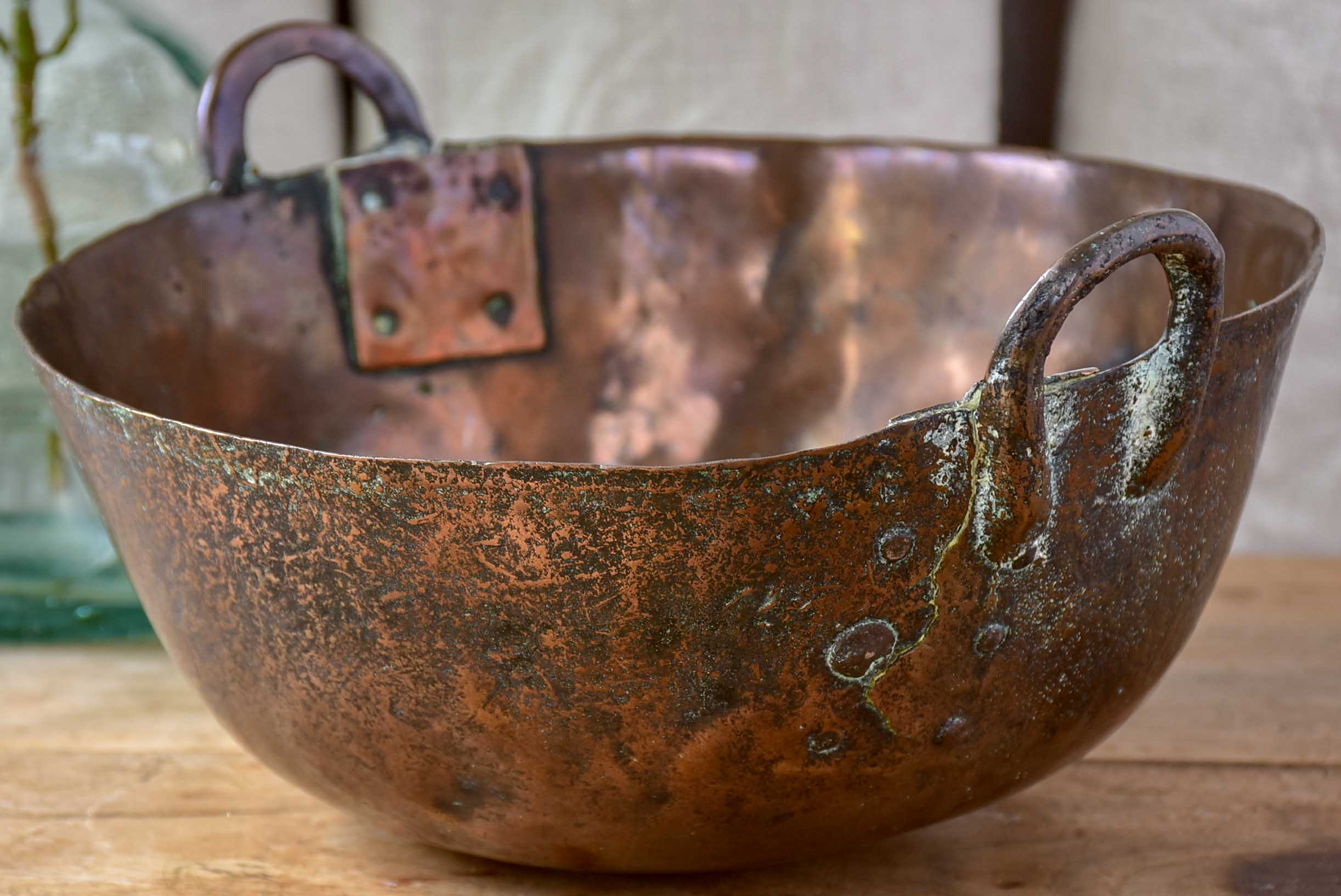 Antique copper praline bowl with iron handles