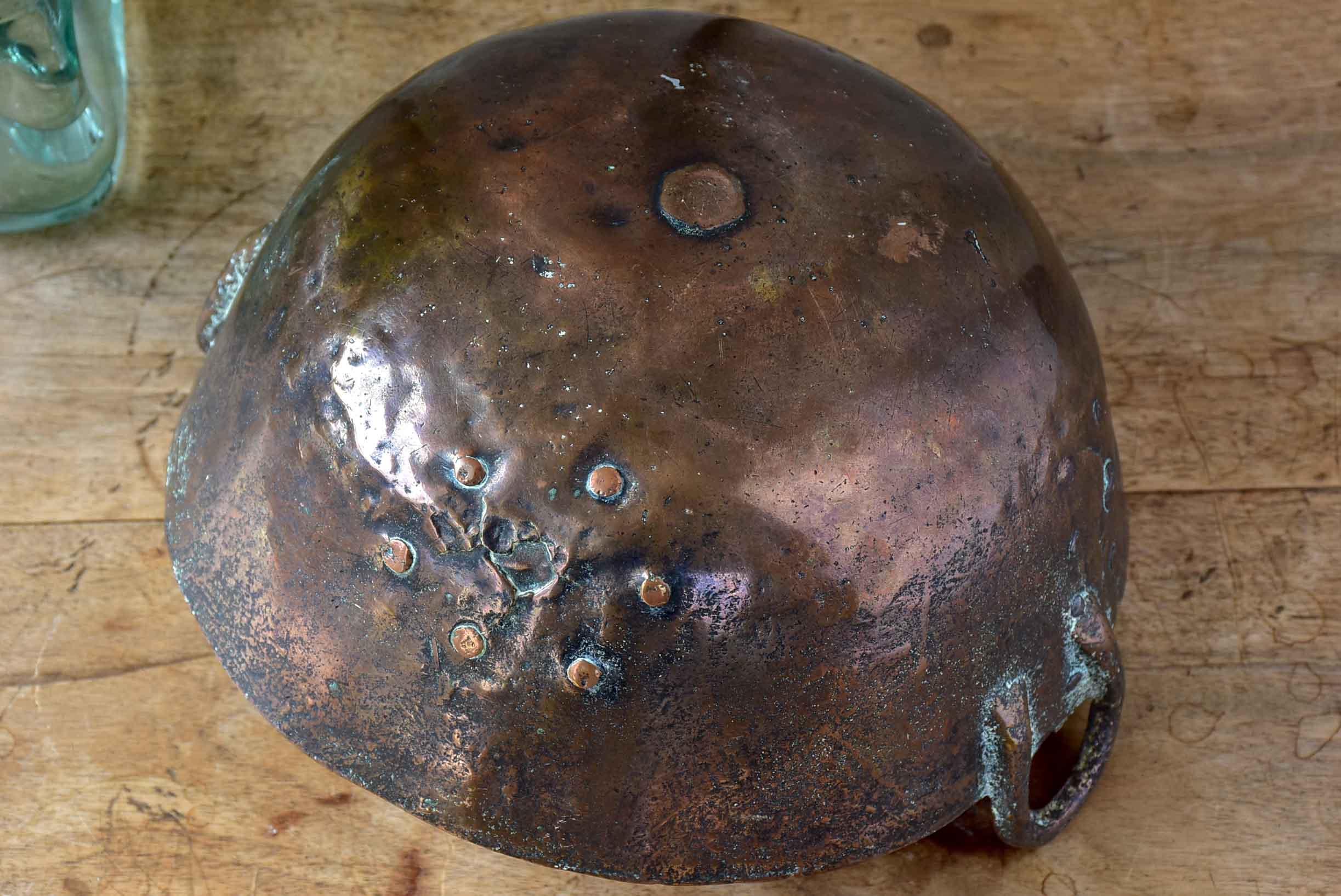 Antique copper praline bowl with iron handles