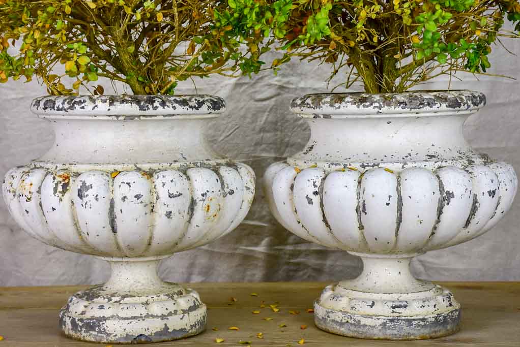 Pair of 19th Century French cast iron garden urns with white patina 13½"