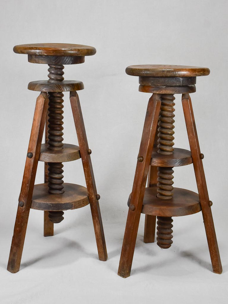 Pair of antique French architect's wooden stools - corkscrew