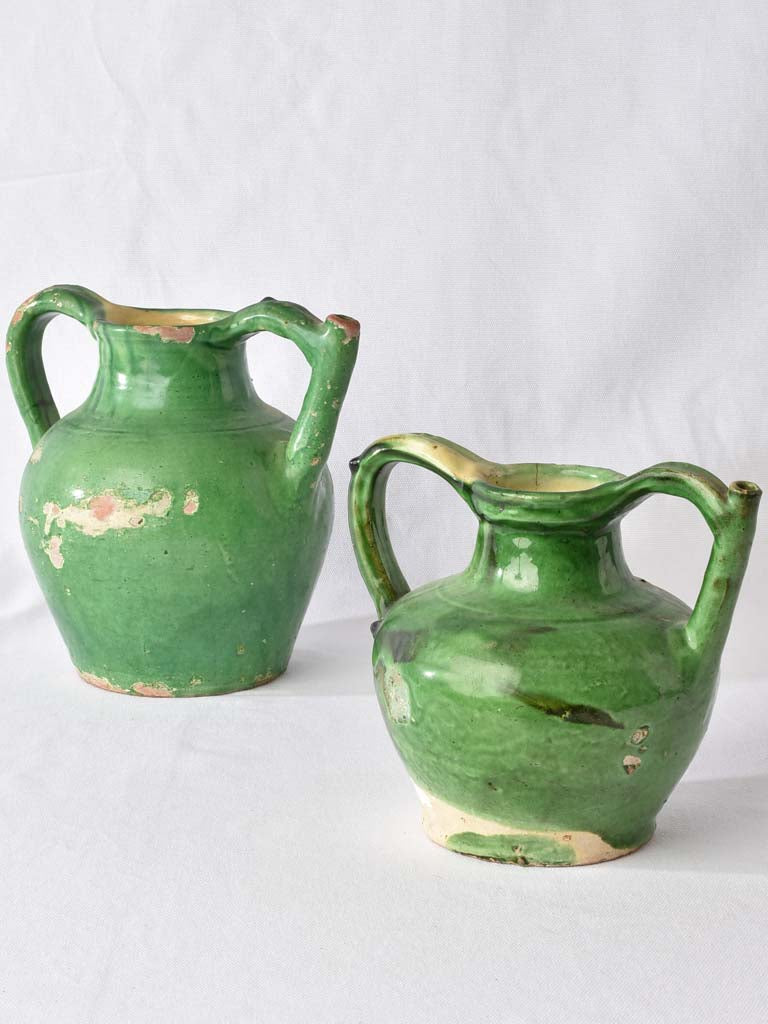 2 terracotta pitchers / orjols w/ green glaze 9½"