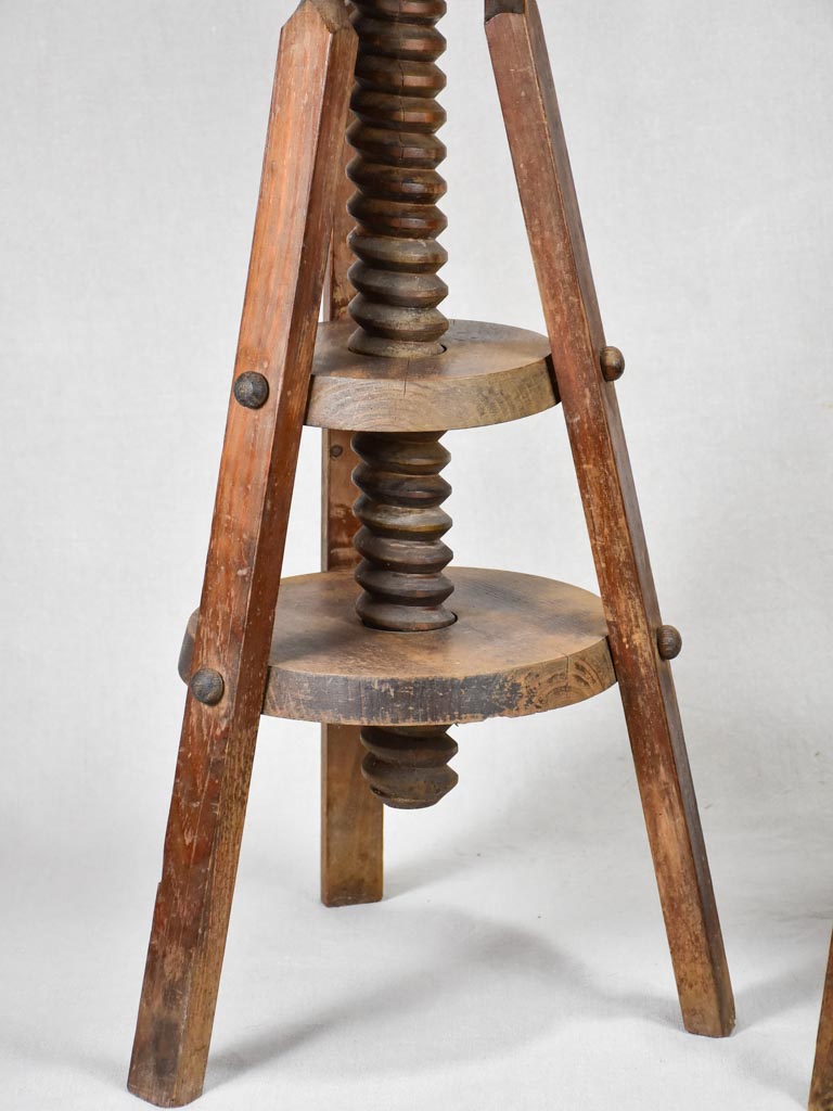 Pair of antique French architect's wooden stools - corkscrew