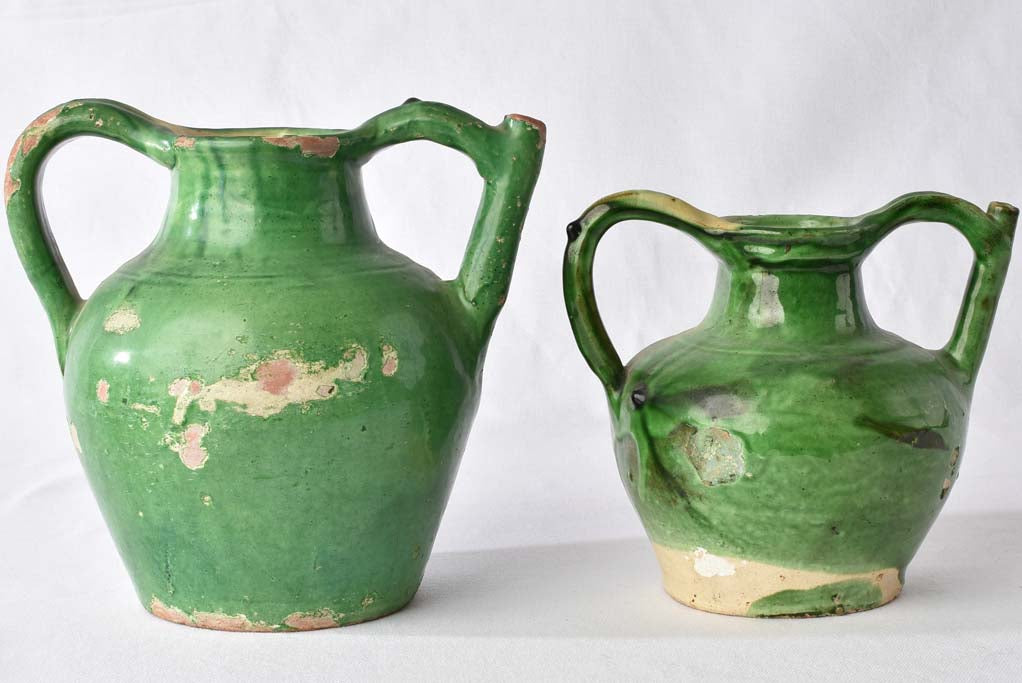 2 terracotta pitchers / orjols w/ green glaze 9½"