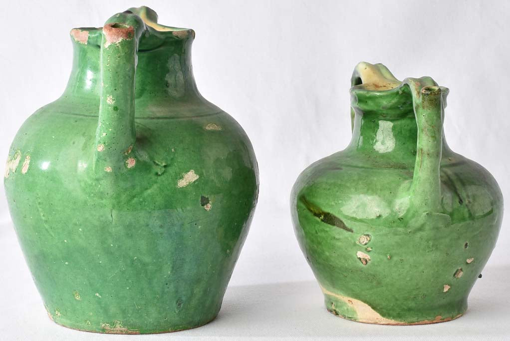 2 terracotta pitchers / orjols w/ green glaze 9½"