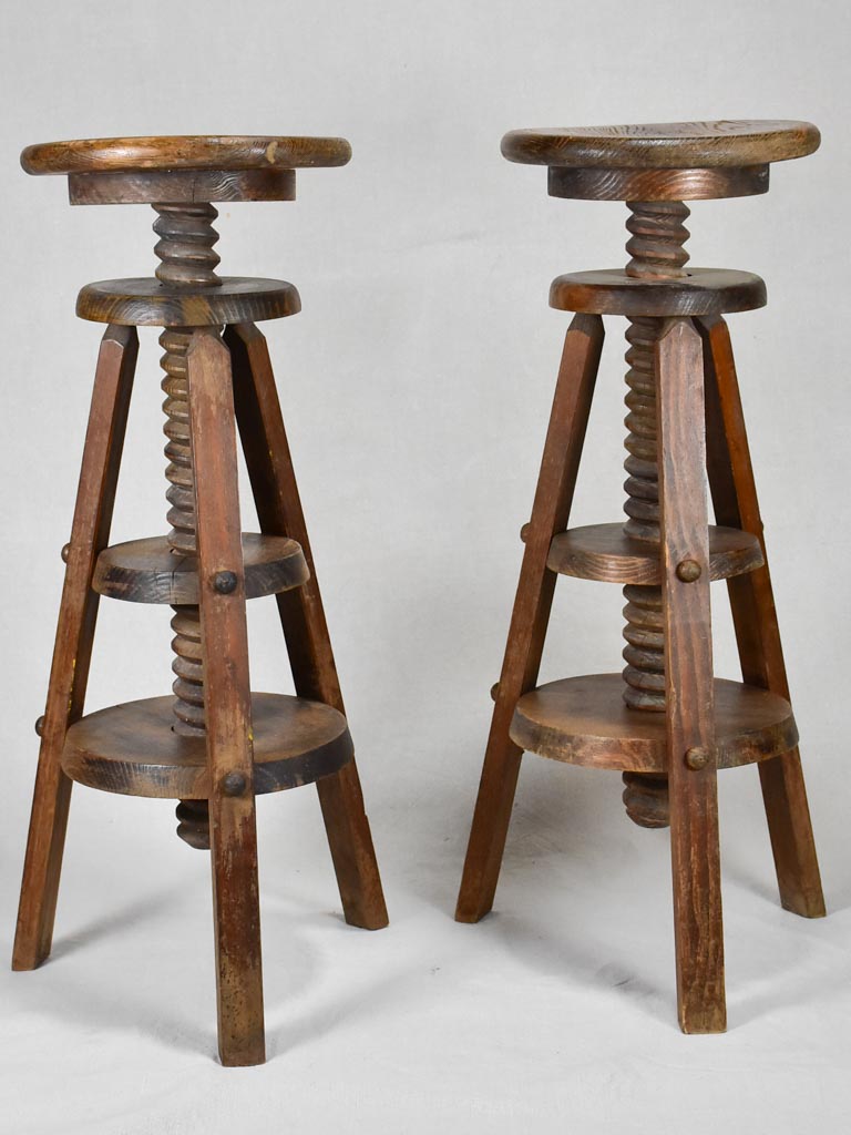 Pair of antique French architect's wooden stools - corkscrew