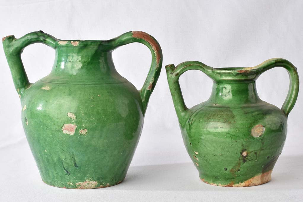 2 terracotta pitchers / orjols w/ green glaze 9½"