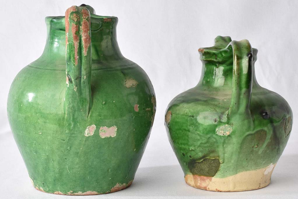 2 terracotta pitchers / orjols w/ green glaze 9½"