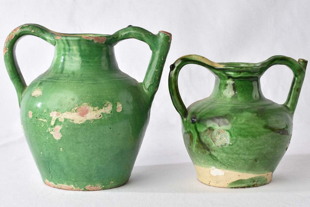 2 terracotta pitchers / orjols w/ green glaze 9½"