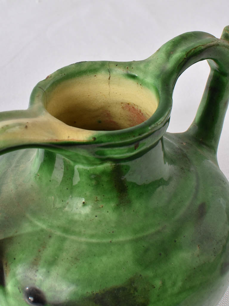 2 terracotta pitchers / orjols w/ green glaze 9½"