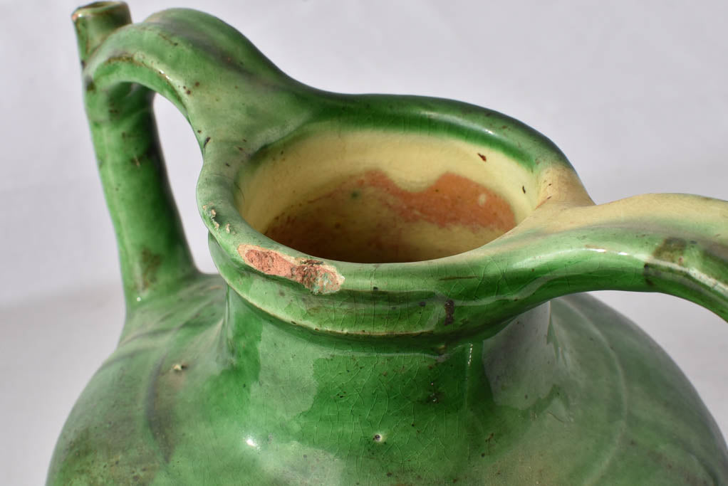 2 terracotta pitchers / orjols w/ green glaze 9½"