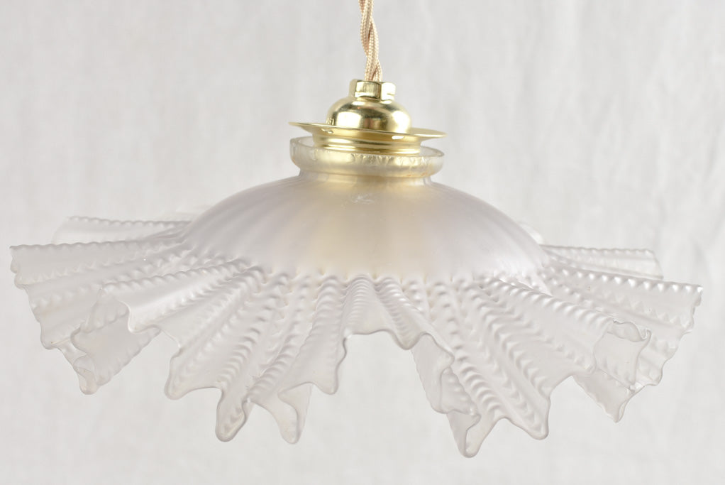 Antique French frosted glass pendant light fixture - 11"