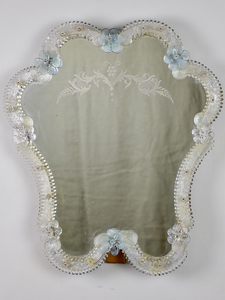 Vintage Venetian-style mirror with blue flowers and etchings 18½" x  15¼"