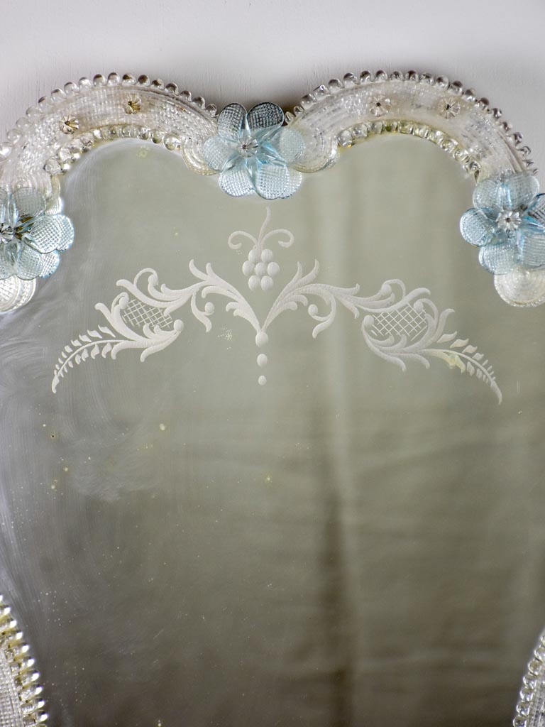 Vintage Venetian-style mirror with blue flowers and etchings 18½" x  15¼"