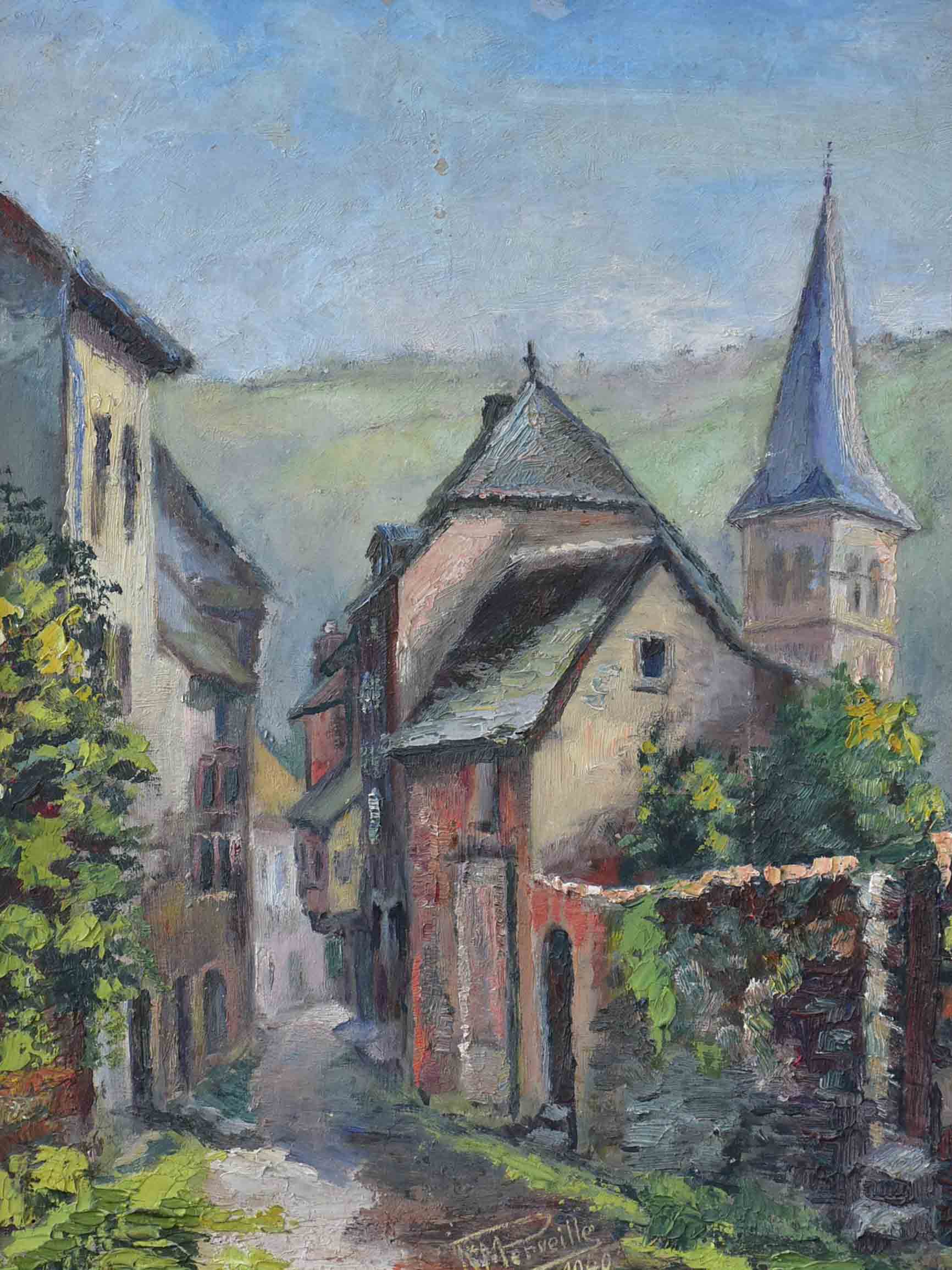 Vintage French painting of a village street 16 ½'' x 19 ¾''