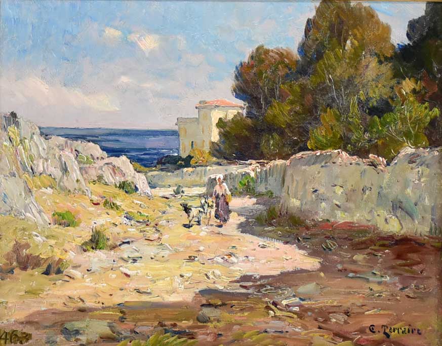 Urban coastal landscape - Clovis Frédérick Terraire (1858-1931) 20½" x 24"