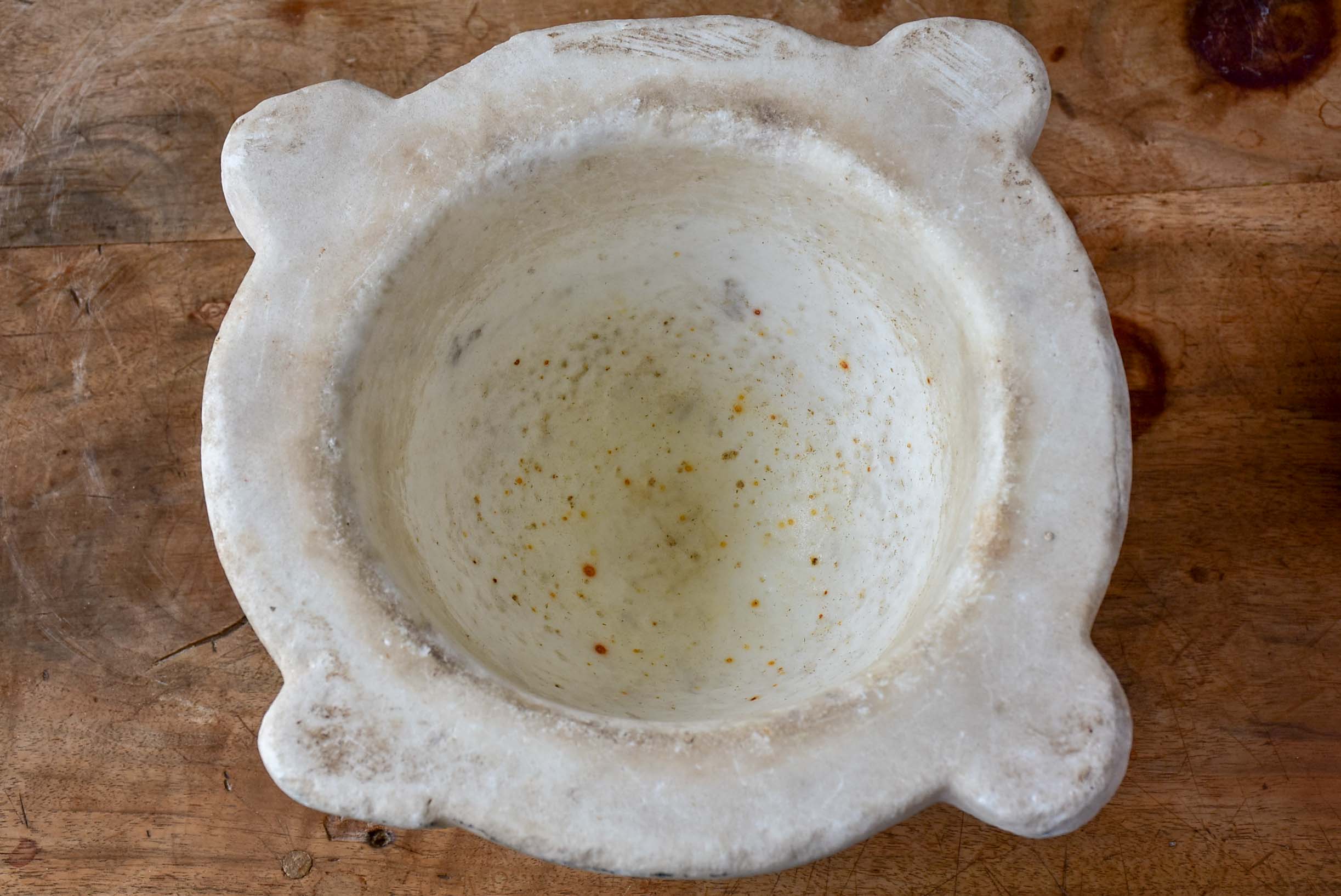 Antique French white marble mortar with wooden pestle