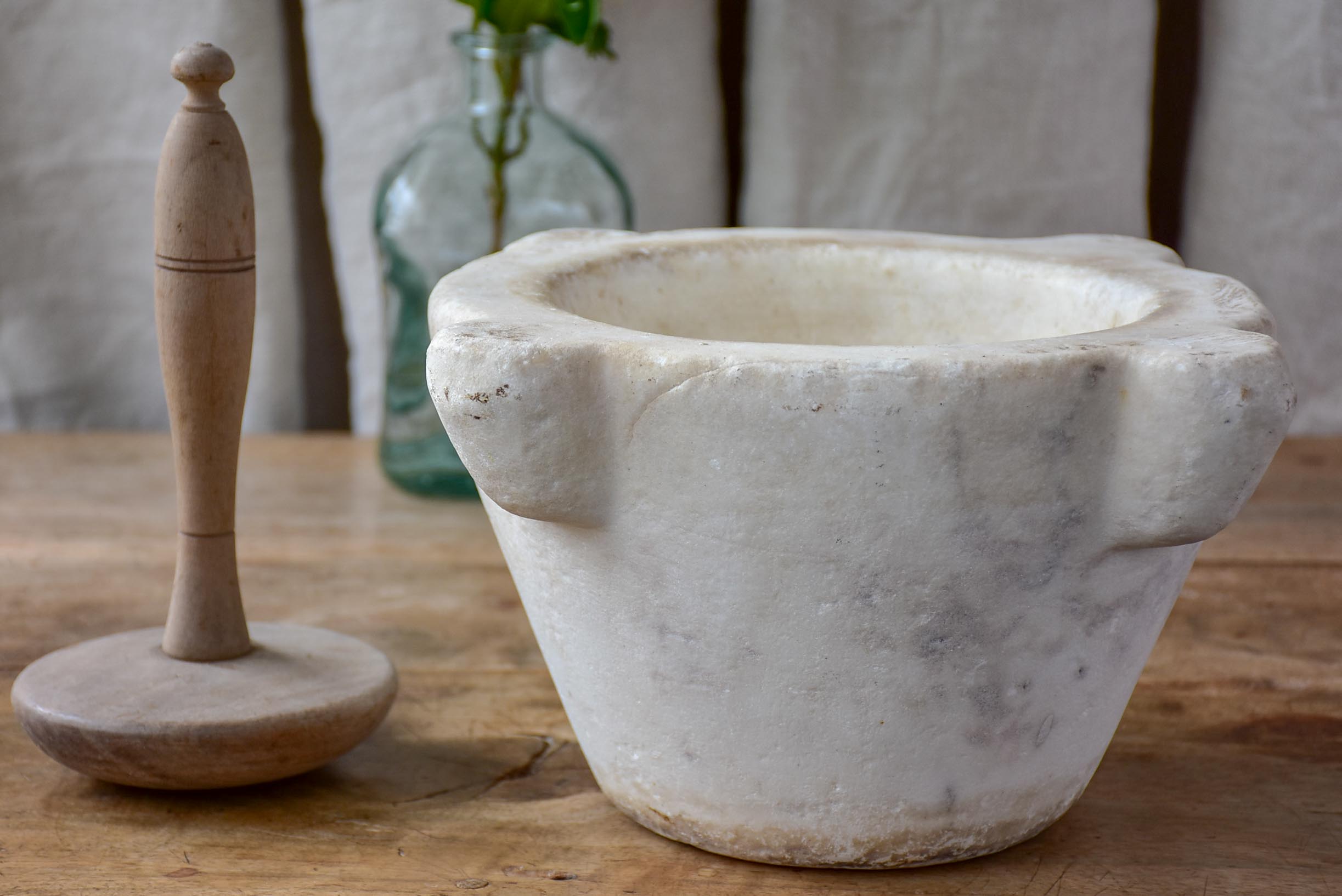 Antique French white marble mortar with wooden pestle