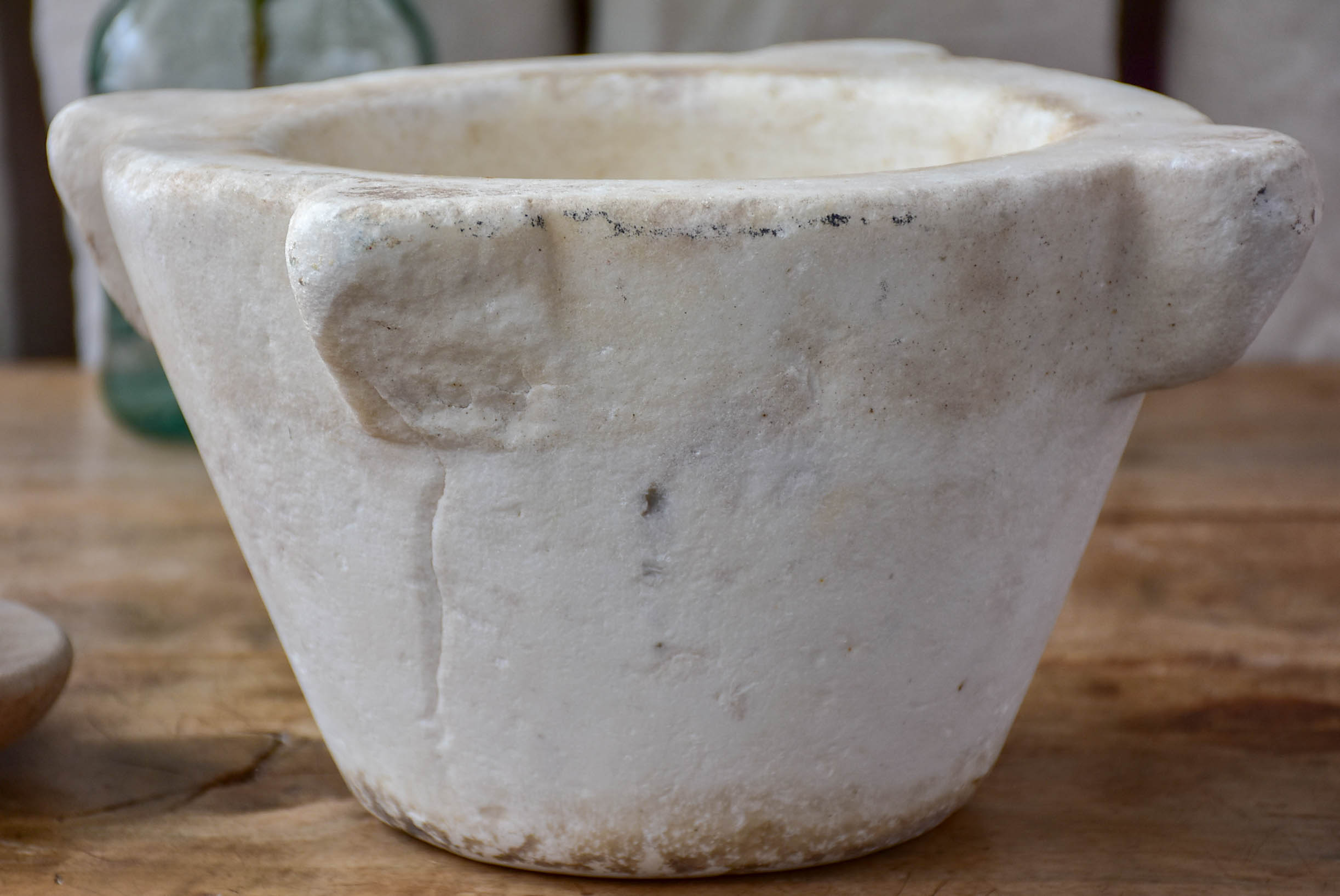 Antique French white marble mortar with wooden pestle