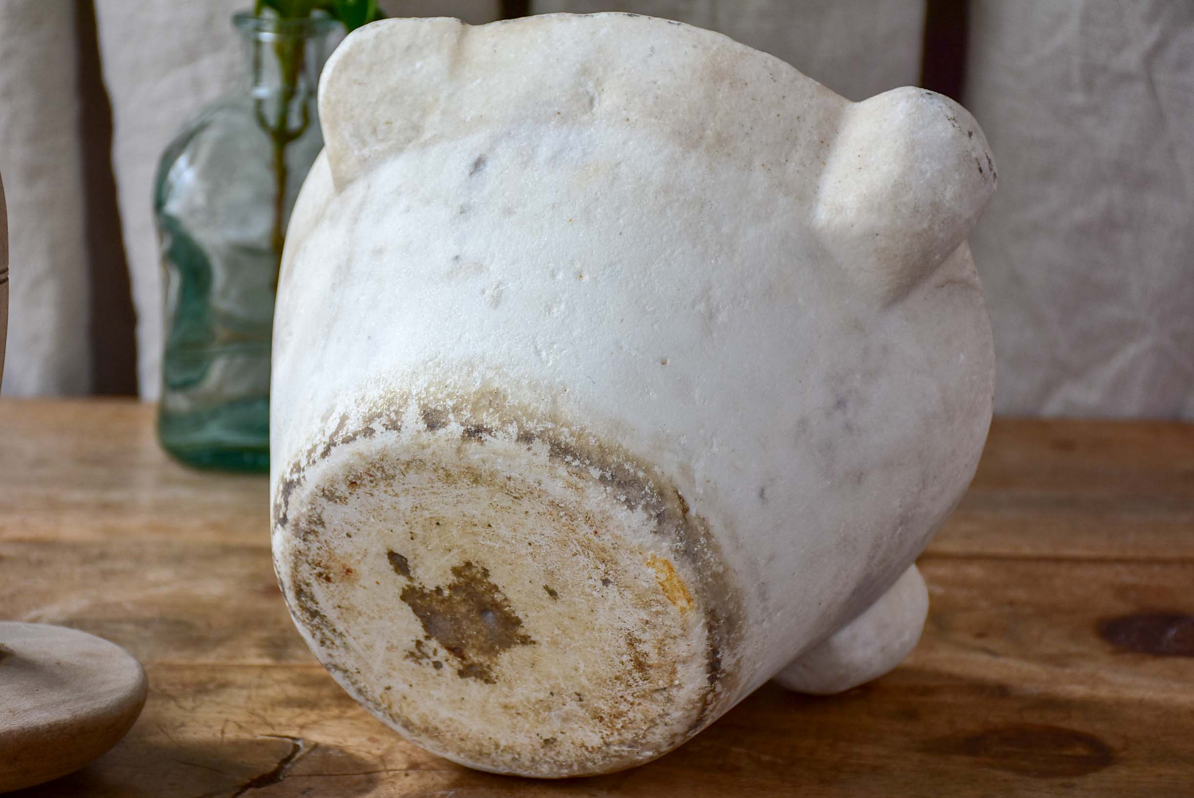 Antique French white marble mortar with wooden pestle